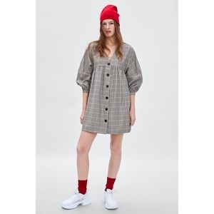 Zara Plaid Button Long Sleeve Mini Dress